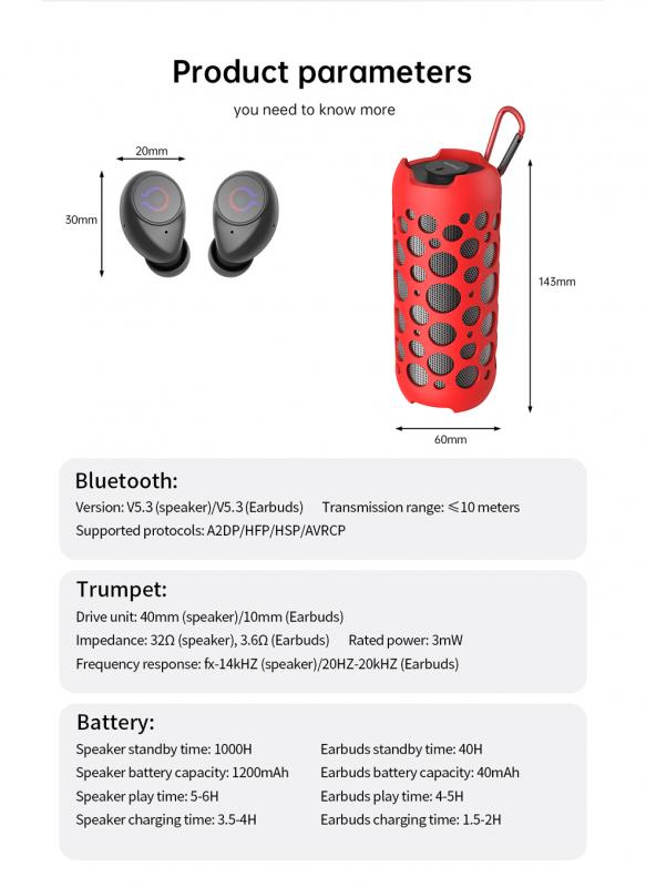 Wireless Bluetooth Audio 2-in-1 Speaker with Earbuds RGB Light Portable